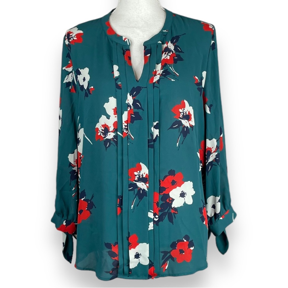 41 Hawthorn Blue Green 3/4 Long Sleeve Blouse w/ Red White Graphic Floral Print